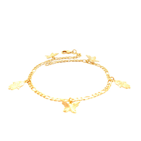 The "Hamsa Hand and Butterfly Charm Bracelet and Anklet" is crafted in 14k gold-filled material with a delicate chain design, showcasing four butterfly charms.